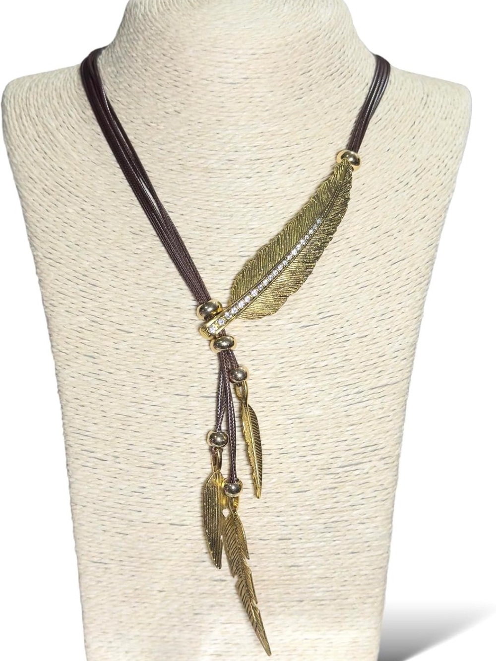 Bohemian Gold Feather Pendant Necklace with Brown Cord